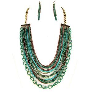 Turquoise Strands Multi Bib Patina Green Chunky Rustic Layered Necklace Set